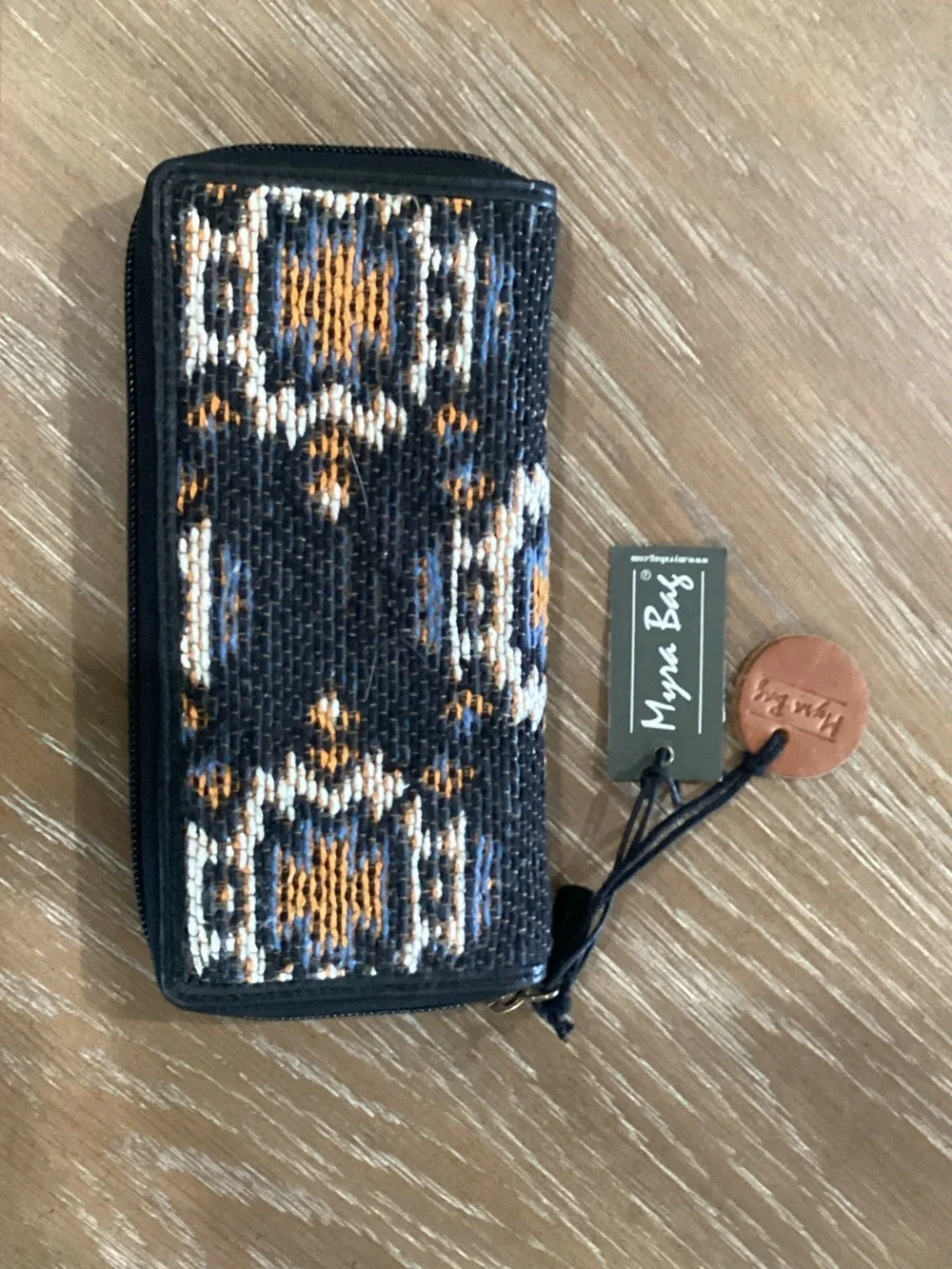 Myra Bag Navy, White & Mustard Woven Zip Wallet